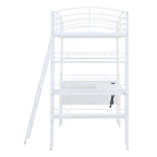 Cama alta de metal con escritorio en L, estantes, enchufes y puertos USB