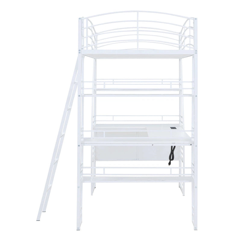 Cama alta de metal con escritorio en L, estantes, enchufes y puertos USB