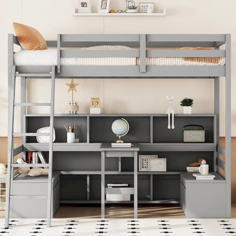 Cama alta tamaño Twin con escritorio, estantes de almacenamiento y cajones