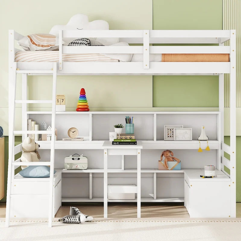 Hochbett in Twin-Größe mit Schreibtisch, Ablageregalen und Schubladen