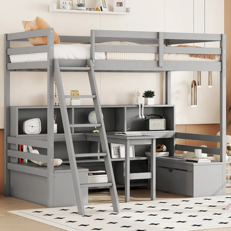 Cama alta tamaño Twin con escritorio, estantes de almacenamiento y cajones