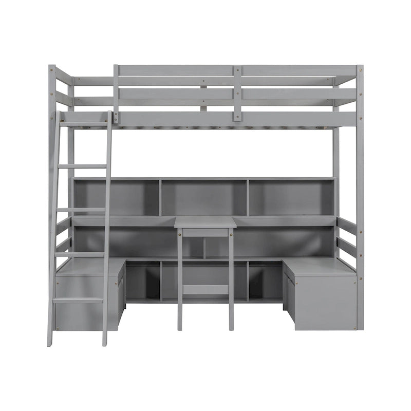 Cama alta tamaño Twin con escritorio, estantes de almacenamiento y cajones