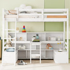 Cama alta tamaño Twin con escritorio, estantes de almacenamiento y cajones
