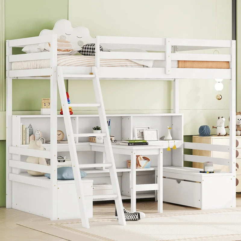 Cama alta tamaño Twin con escritorio, estantes de almacenamiento y cajones