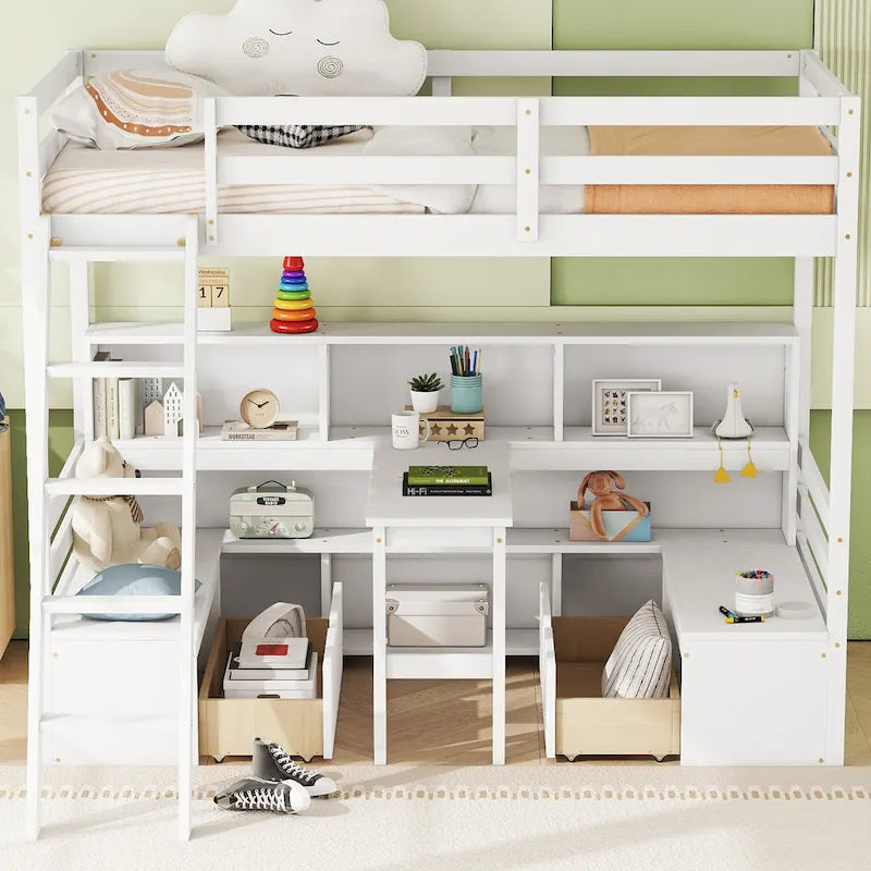Cama alta tamaño Twin con escritorio, estantes de almacenamiento y cajones