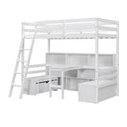 Cama alta tamaño Twin con escritorio, estantes de almacenamiento y cajones