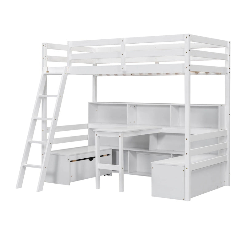 Cama alta tamaño Twin con escritorio, estantes de almacenamiento y cajones