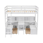 Cama alta tamaño Twin con escritorio, estantes de almacenamiento y cajones