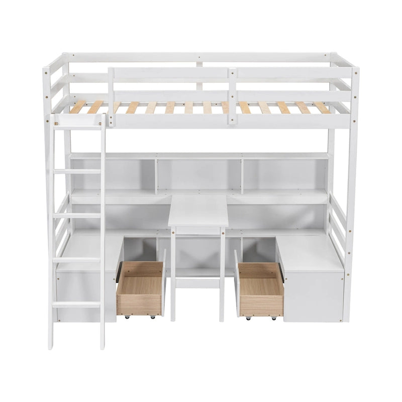 Cama alta tamaño Twin con escritorio, estantes de almacenamiento y cajones