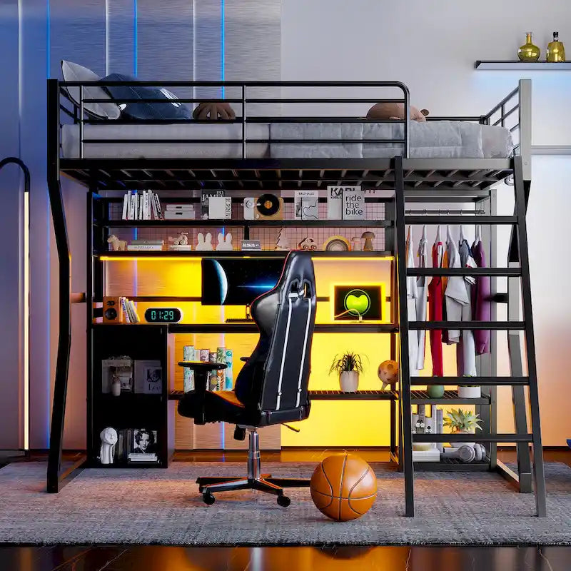 Cama alta metálica tamaño Full con escritorio integrado, armario abierto, luces LED y almacenamiento, negra