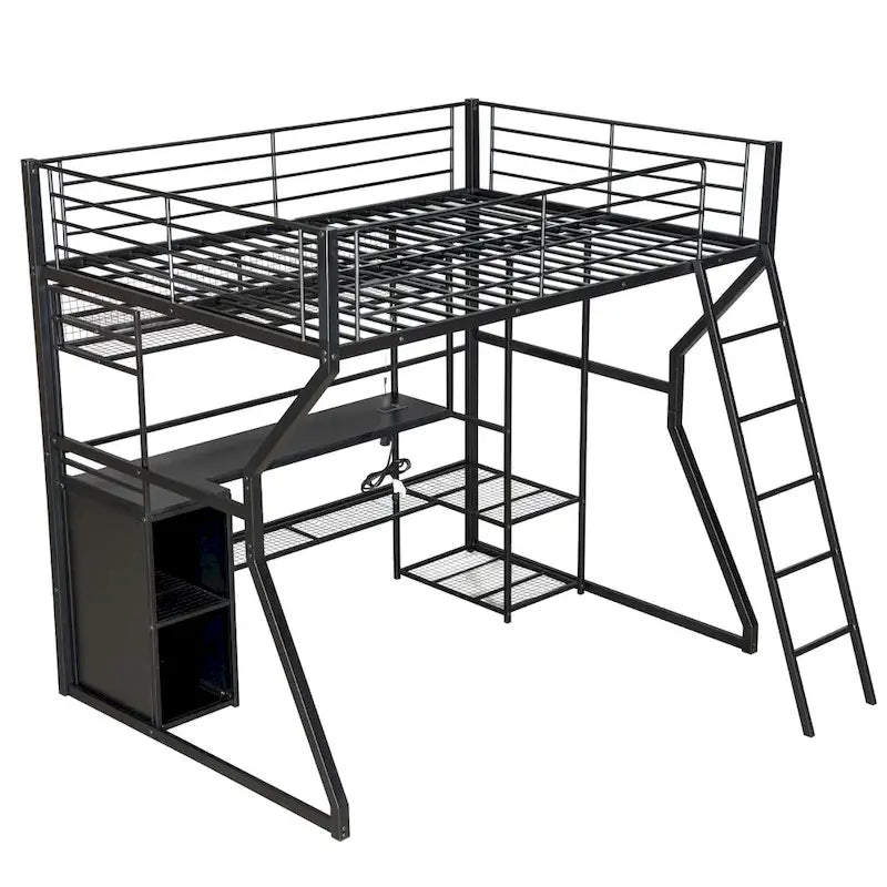 Cama alta metálica tamaño Full con escritorio integrado, armario abierto, luces LED y almacenamiento, negra