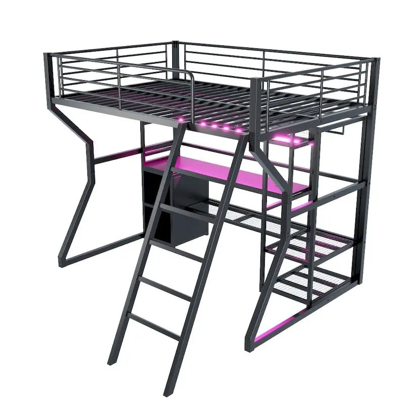Metalowe łóżko loftowe Full z wbudowanym biurkiem, otwartą garderobą, oświetleniem LED i schowkiem, czarne