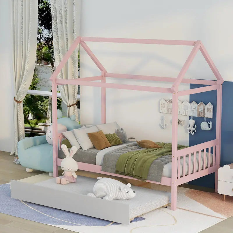 Cama tipo casita de pino tamaño Twin con cama nido funcional