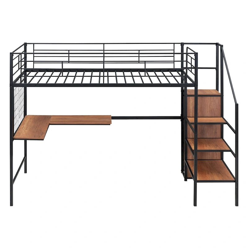 Cama alta metálica tamaño Twin con escritorio y escalera con almacenamiento