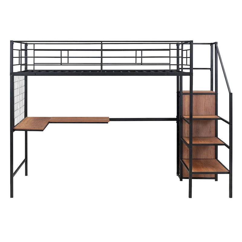 Cama alta metálica tamaño Twin con escritorio y escalera con almacenamiento