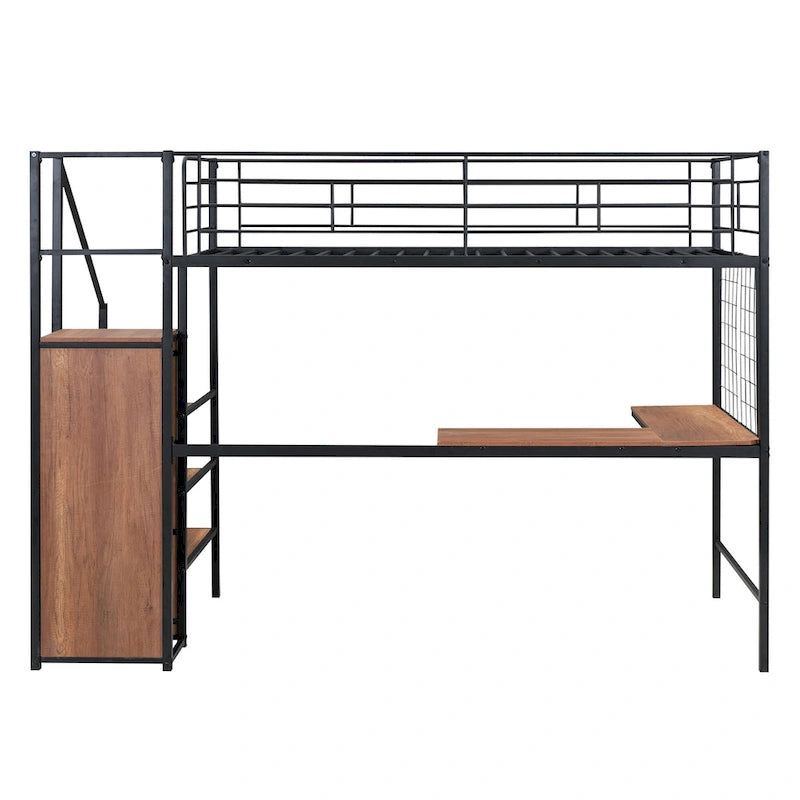 Cama alta metálica tamaño Twin con escritorio y escalera con almacenamiento