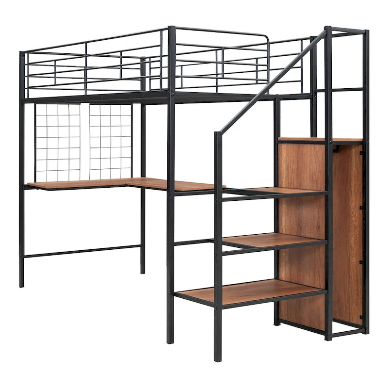Cama alta metálica tamaño Twin con escritorio y escalera con almacenamiento